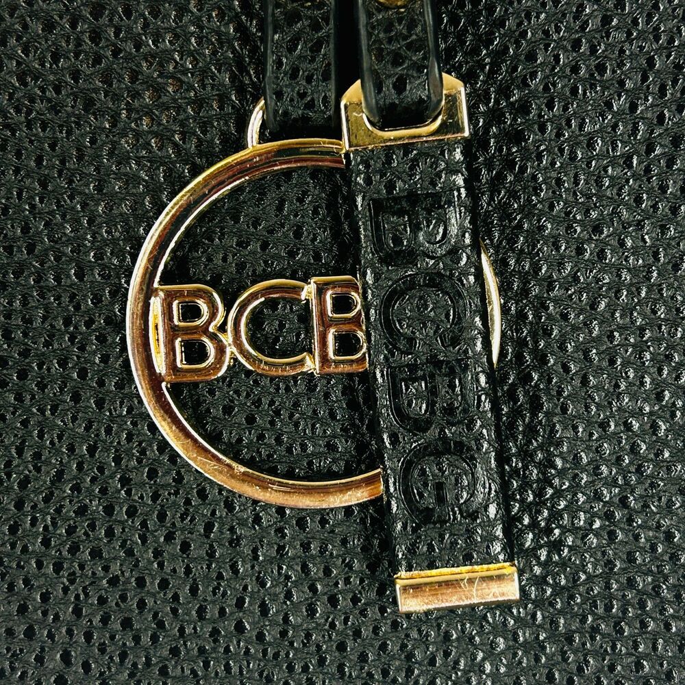 BCBG Reversible Tote Bag Textured Faux Leather Black Brown Gold Logo Charm - Picture 4 of 13